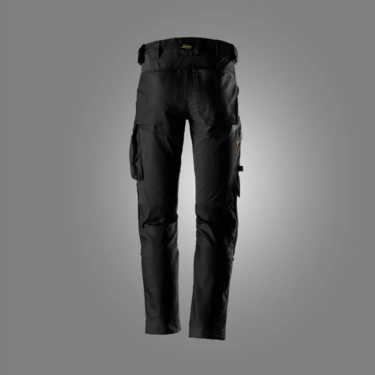 Black cargo pants with multiple pockets and belt loops, showing a rugged, utilitarian design.