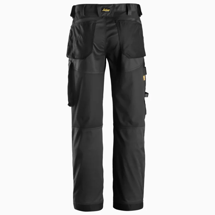 Black cargo work pants with multiple pockets, reinforced knees, and belt loops for rugged wear.