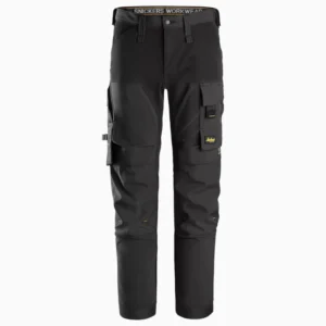 Black Snickers Workwear cargo pants with multiple pockets and structured knees, front view with branded waistband