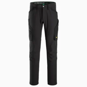 Black cargo work pants with multiple pockets and a slim fit, designed for utility in demanding jobs.