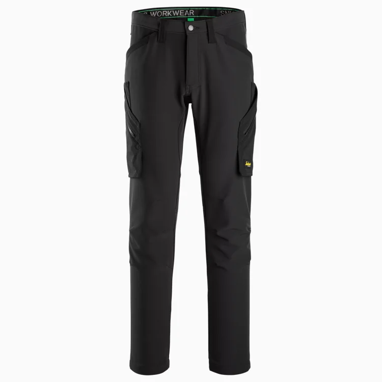 Black cargo work pants with multiple pockets and a slim fit, designed for utility in demanding jobs.