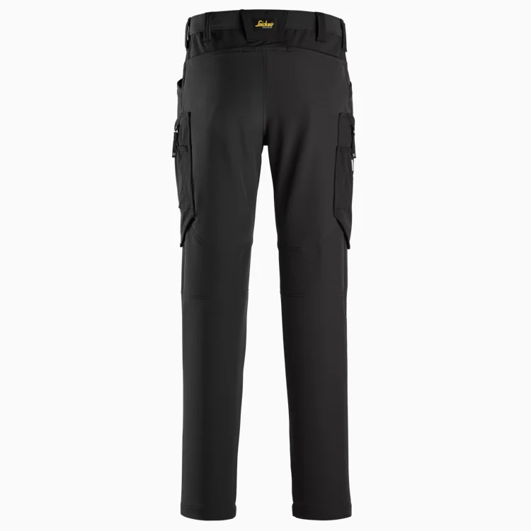 Back view of black tactical cargo pants with side pockets and a belt.