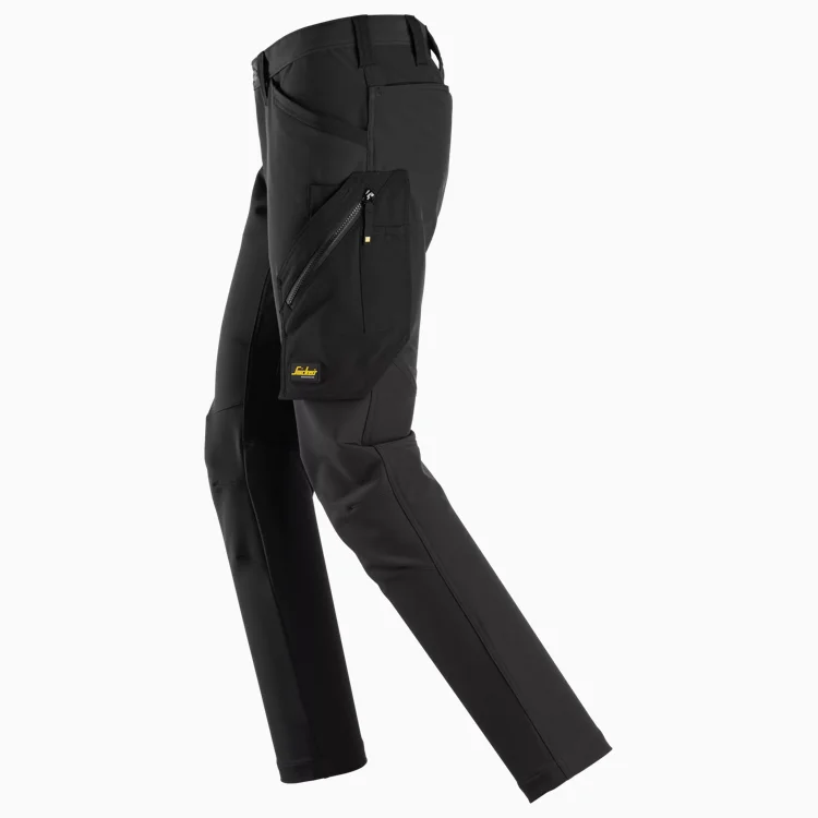 Black hiking pants with a zippered thigh cargo pocket and belt loops on the waistband.
