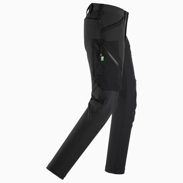 Black outdoor cargo pants with zippered side pocket and reinforced knee area, shown from a side angle.