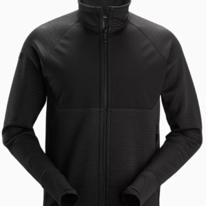 Black zip-front athletic jacket with textured panels and high collar, front view, dark performance fabric.