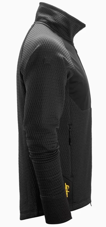 Side view of a black textured fleece jacket with a tall stand-up collar and zippered pockets, displayed on a neutral background.