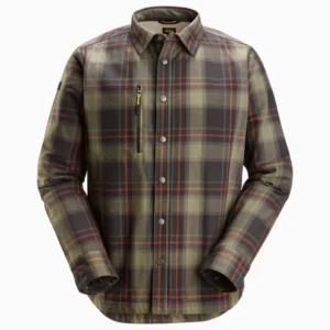 Olive-green plaid jacket with a zip chest pocket and button front, collared and long sleeves, displayed on a plain background.