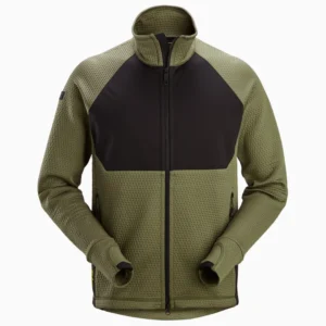 Olive green zip-up fleece jacket with a black color-block chest panel and textured fabric.