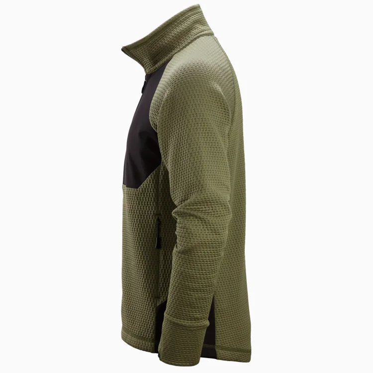 Olive green textured fleece jacket shown from the side with a black chest panel and zippers.