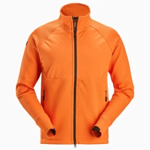 Bright orange zip-up jacket with a high collar, smooth chest panels and textured sleeves.