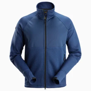 Blue zip-up jacket with textured knit panels and stand-up collar, front view