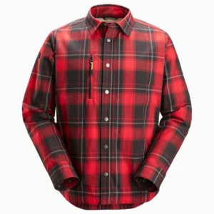 Red and black plaid jacket with a zippered chest pocket and snap button front