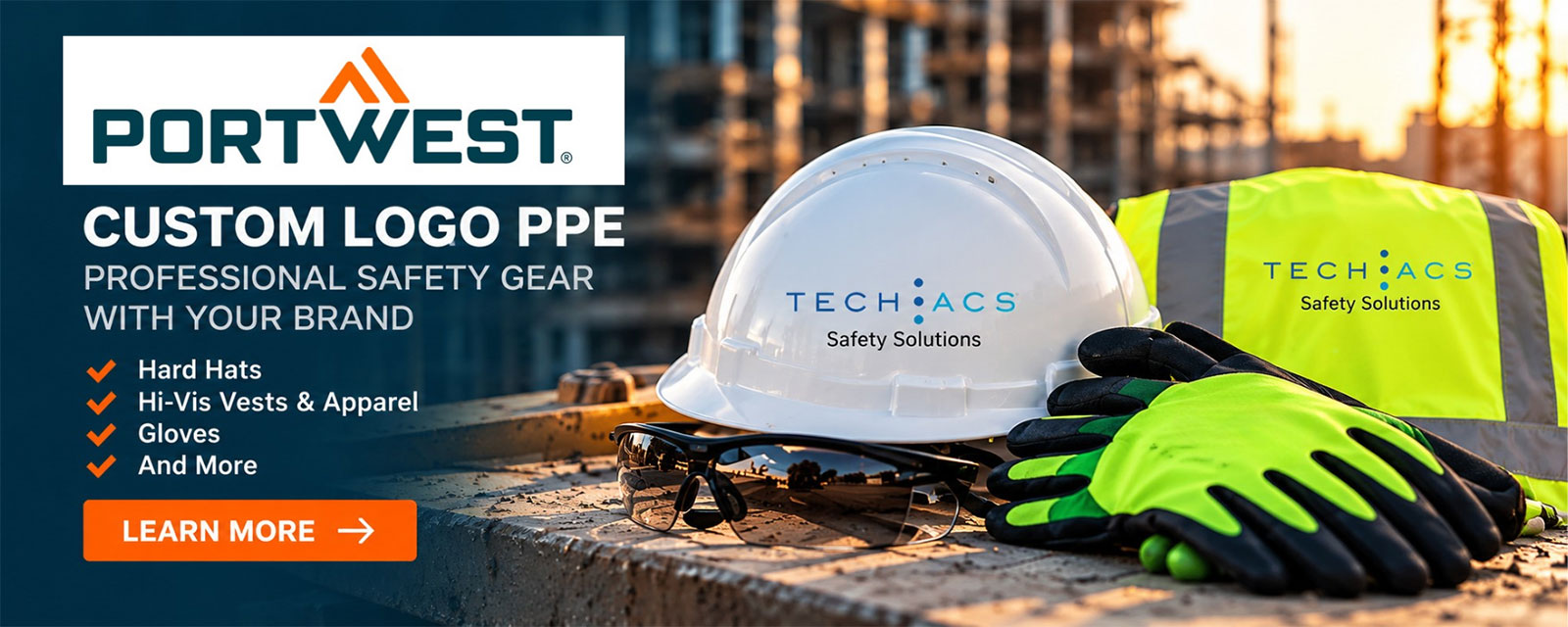 Portwest custom logo PPE from TECHACS Safety Solutions - hard hats, hi-vis apparel and gloves
